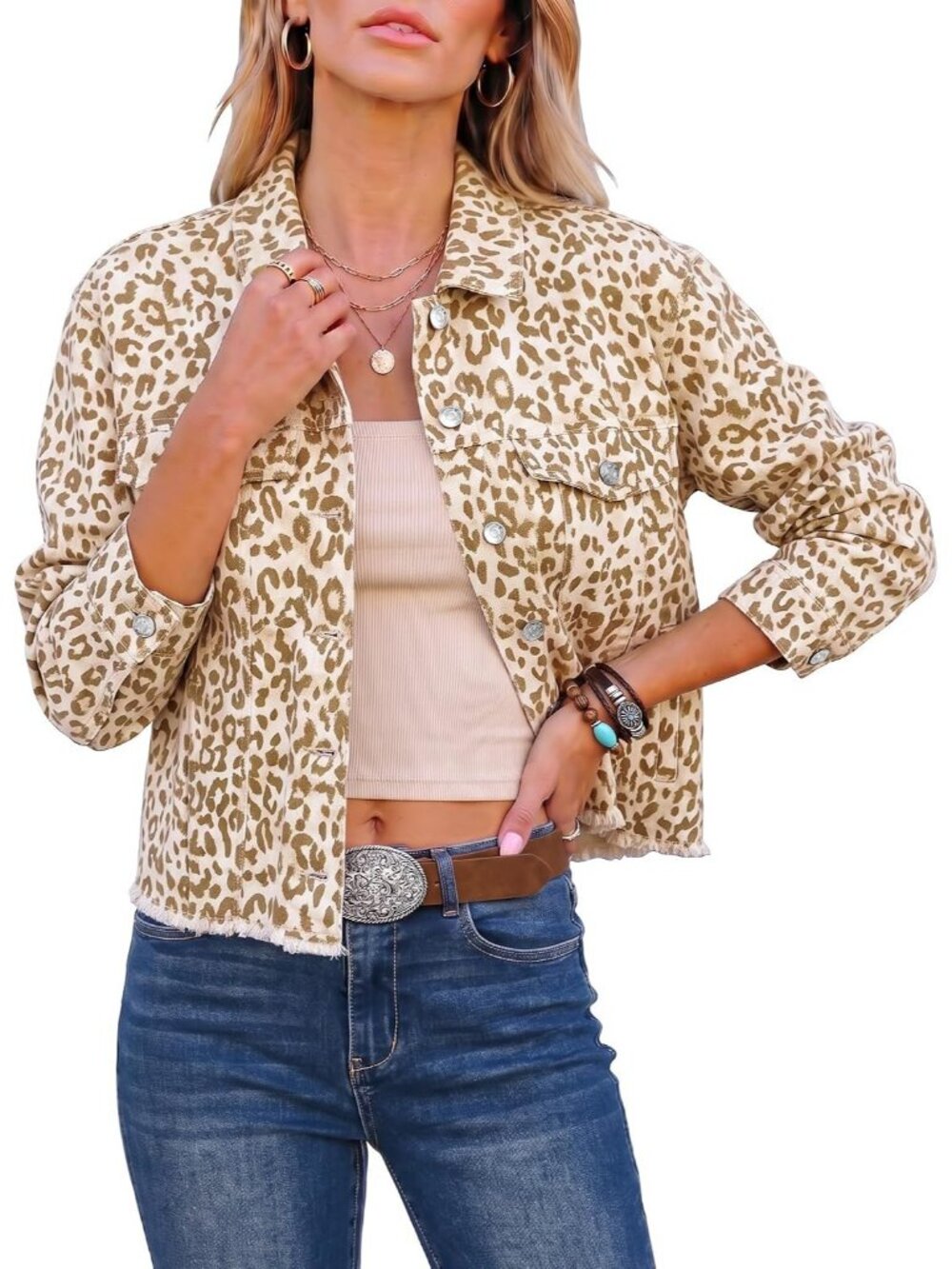 Women's Beige Cheetah Print Frayed Raw Hem Western Imported Denim Jean Jacket